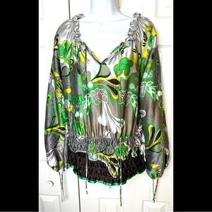 ETCETERA Retro Vibrant Floral Silk Blouse Top Shirt Green Silver Gray Ruffle Tie